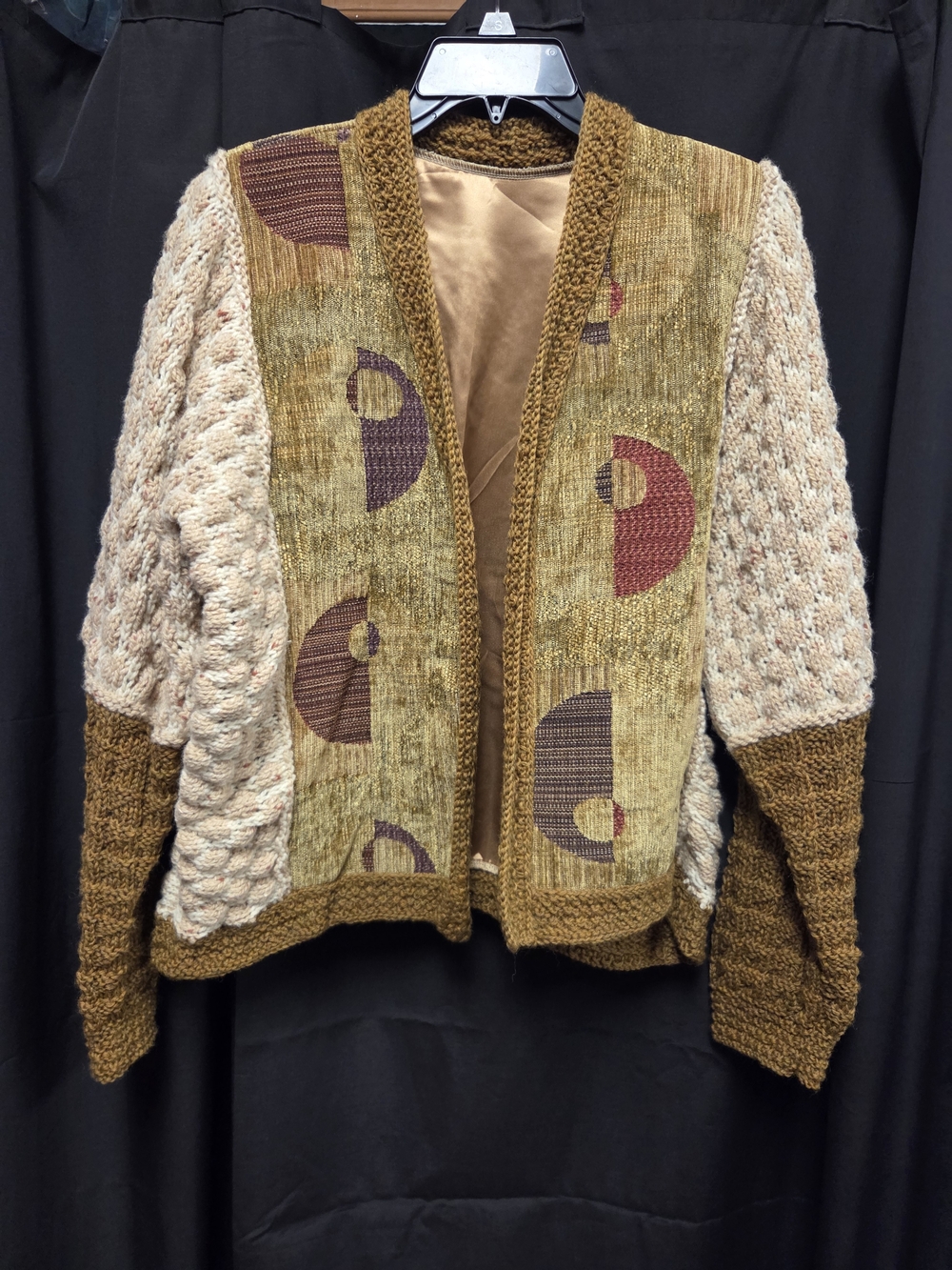 Vintage Handknit Textured Patchwork Open-Front Cardigan - Brown & Cream